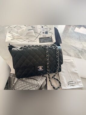 CHANEL Classic Medium Double Flap-Black Caviar | Silver Hardware | Full Set